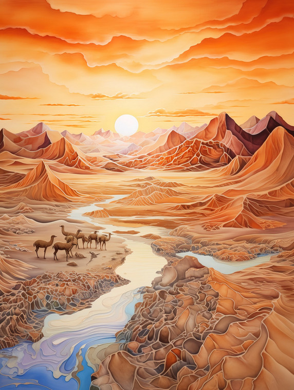 潮国创意丝绸之路山脉行走的骆驼3敦煌沙漠