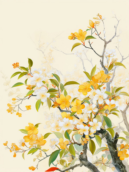 创意珐琅金色描边桂花喜鹊插画中国风植物花卉