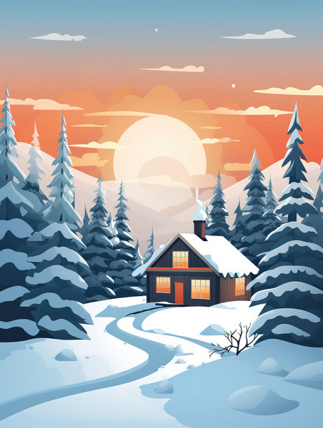 潮国创意白雪包围的冬季小屋7冬天雪景卡通森林扁平插画
