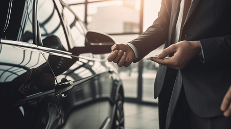 潮国创意汽车销售员将一辆新车的钥匙交给一名年轻的商人两个商务人士之间的握手合作