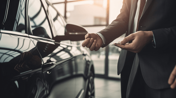 潮国创意汽车销售员将一辆新车的钥匙交给一名年轻的商人两个商务人士之间的握手合作