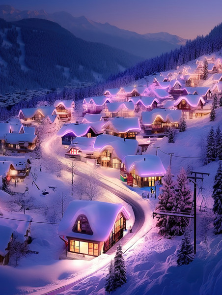 潮国创意冬季雪景小镇夜色11冬天雪乡旅游度假