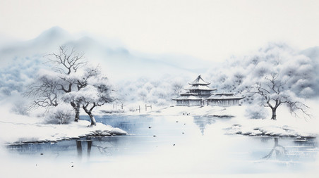 潮国创意宁静的冬季景象水彩画9中国风意境山水冬天雪景
