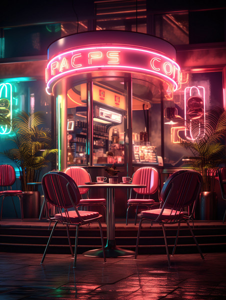 潮国创意霓虹灯下的现代复古风格咖啡馆7赛博朋克酒吧