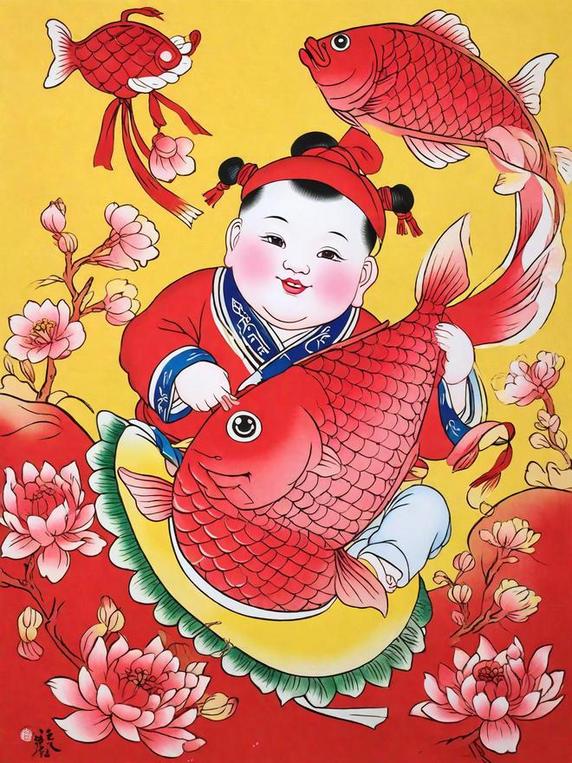 创意传统新年民俗年画红鲤鱼和胖娃娃插画图片春节福娃