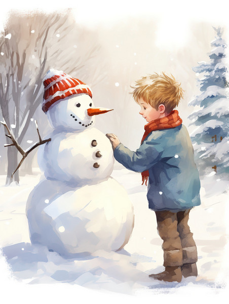潮国创意院子里的雪人和小男孩6冬天堆雪人