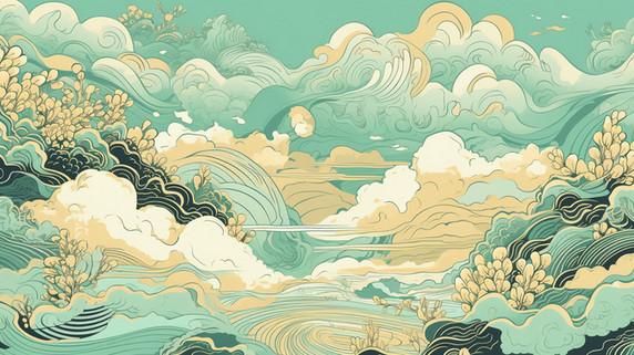 创意国潮中国风敦煌山水壁画插画背景
