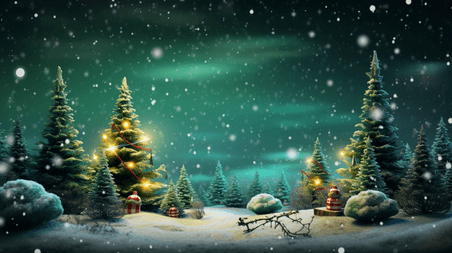 潮国创意冬季圣诞节松树风景背景29绿色夜景圣诞森林横图