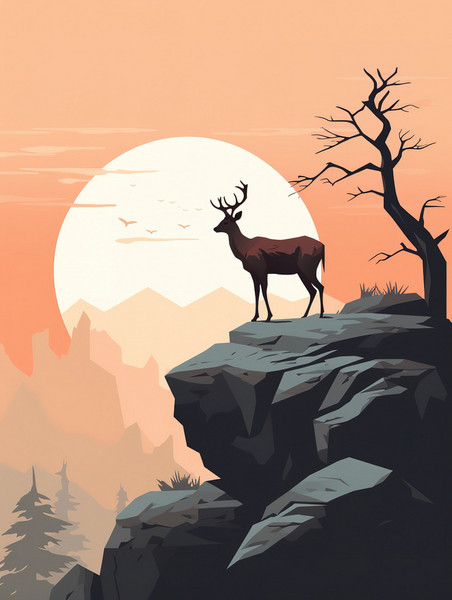 创意一只鹿的剪影插画8美式漫画风扁平动物