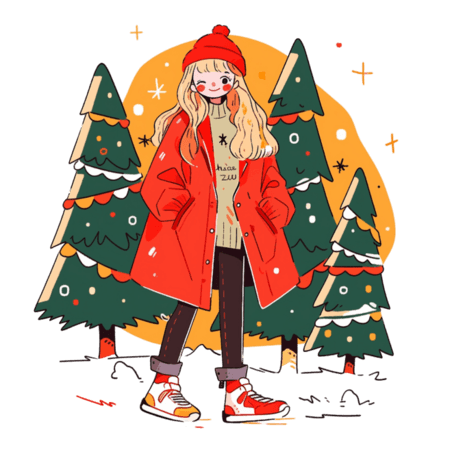 潮国创意圣诞节女孩圣诞树扁平冬天插画元素