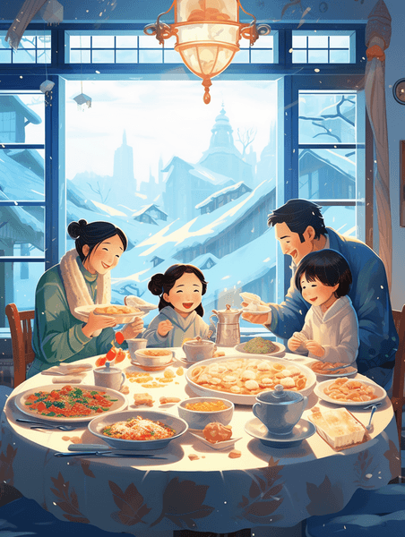 潮国创意餐桌上的美食冬至节气卡通插画10饺子