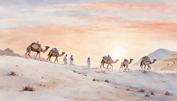 潮国创意沙漠绿洲插画风景白天日出风景骆驼旅行者敦煌