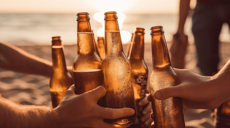 潮国创意一群朋友在海滩上碰杯啤酒聚会