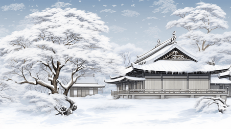 潮国创意中国风冬季古典建筑雪景插画11冬天国潮下雪大雪