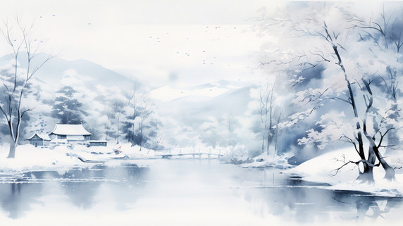 潮国创意宁静的冬季景象水彩画2中国风意境山水冬天雪景