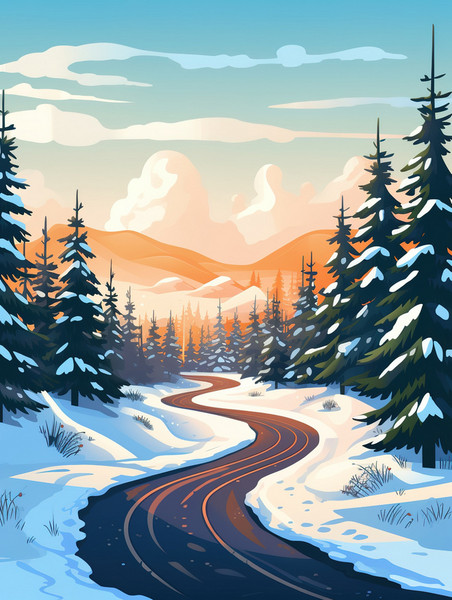 创意冬天森林里的山路8插图夕阳落日雪景