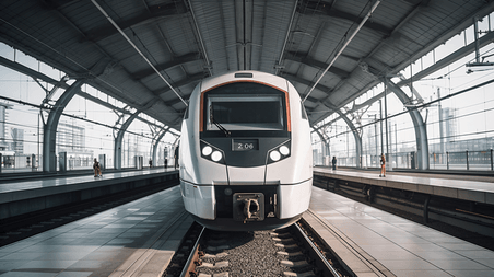 潮国创意高铁动车站站台一辆和谐号白色列车的车头交通工具