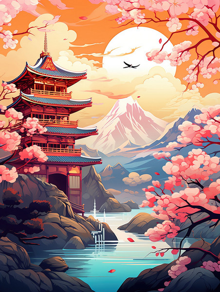 潮国创意浅红色古塔花朵山水插画4国潮和风山水日本