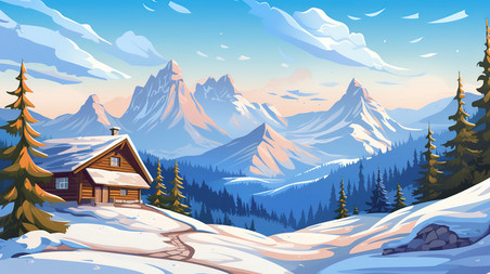 创意小屋在白雪皑皑的雪山冬天雪景雪地卡通插画