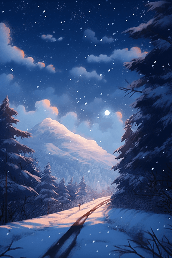 创意插画冬天唯美雪景夜晚手绘冬季卡通夜景雪地