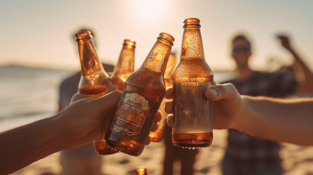 潮国创意一群朋友在海滩上碰杯啤酒