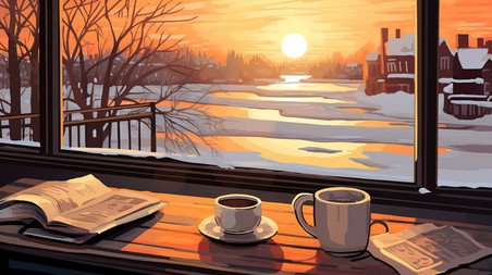 潮国创意桌子咖啡窗外冬天的早晨2温馨浪漫