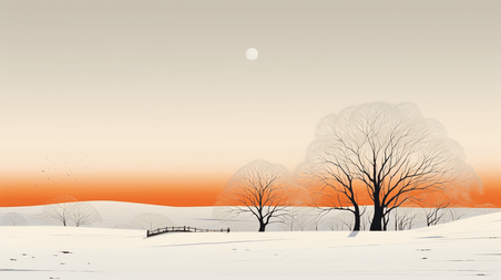 创意冬季天野雪地枯树插画4简约抽象扁平夕阳