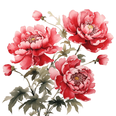 创意纹理艳丽花朵粉色水彩牡丹芍药植物