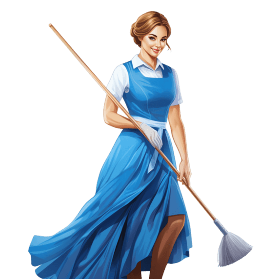 潮国创意围裙和手套里拿着扫帚的女人做清洁工作美式复古人物美女