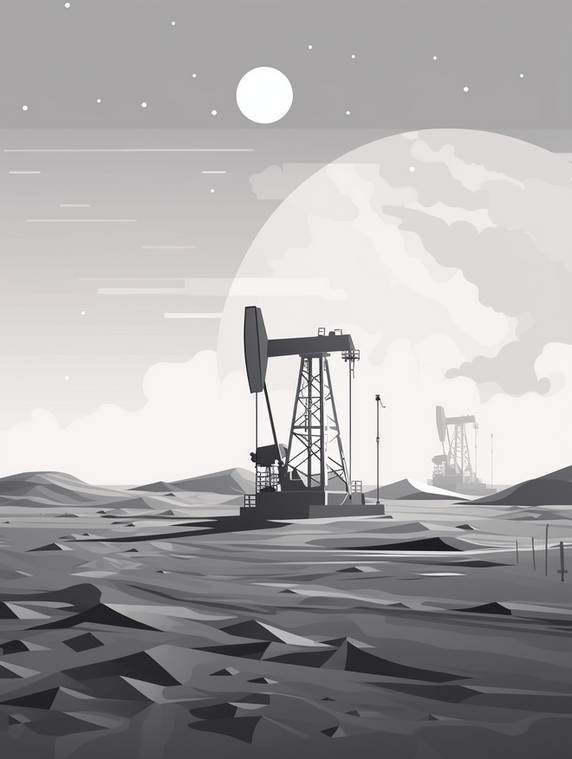 潮国创意石油开采剪影插画1素描扁平黑白工程