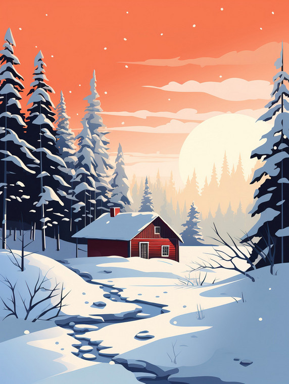 潮国创意白雪包围的冬季小屋1冬天雪地大雪扁平插画