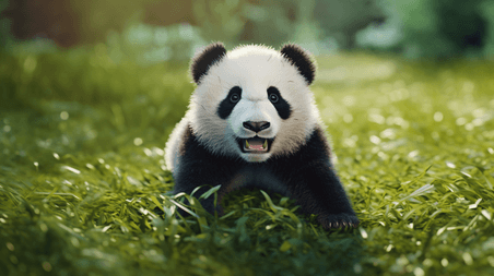 潮国创意白天绿色草地上的大熊猫动物国宝