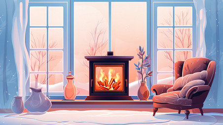 潮国创意冬天壁炉温暖的客厅1温馨欧洲供暖插画