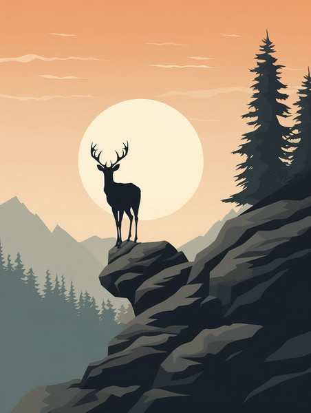 创意一只鹿的剪影插画14美式漫画风扁平动物