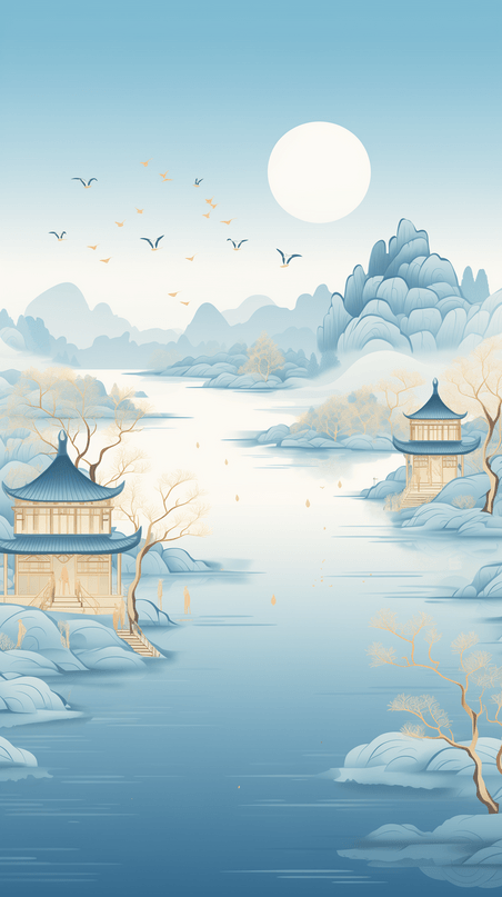 创意中国风国潮山水古建筑水墨画插画雪景