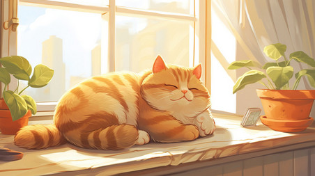 潮国创意橘猫慵懒躺在窗台4晒太阳