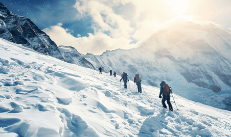 创意雪山上勇敢无畏的攀登者运动人物登山高山