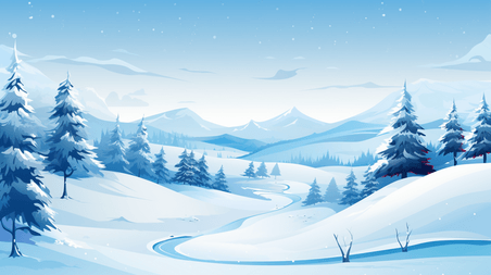 潮国创意雪山森林小乡村背景23冬天雪景卡通蓝色大雪