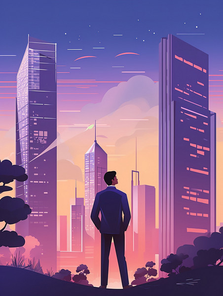 紫色创意商人站在现代大城市中12插画扁平剪影插画老板商务人士