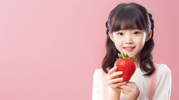 创意拿着草莓开心的小女孩亚洲人像儿童水果