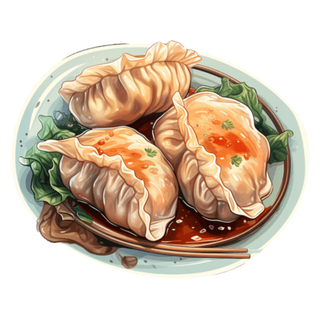 潮国创意水彩风美食佳肴特色食物美味饺子虾饺早茶