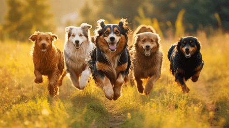 潮国创意一群狗在田野里奔跑动物宠物温馨