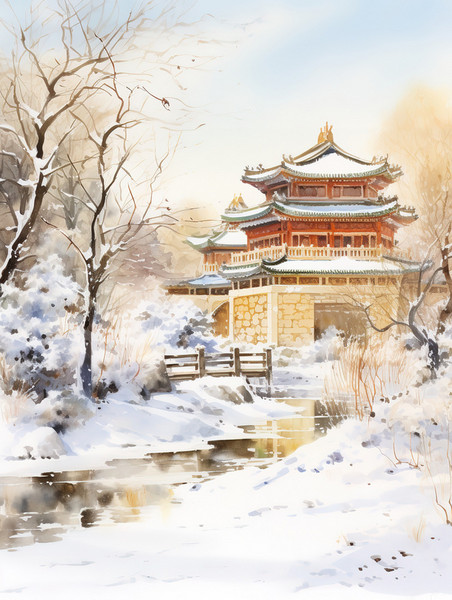 创意冬季中国建筑淡水彩画17古建筑冬天雪景