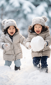 创意雪地上玩雪的儿童亚洲人像冬天打雪仗堆雪人