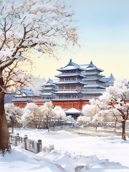 创意冬季中国建筑淡水彩画19原创插画古建筑冬天雪景