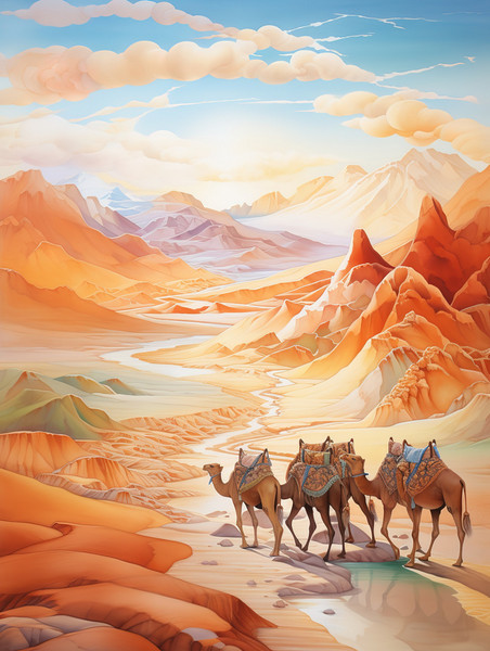 潮国创意丝绸之路山脉行走的骆驼4敦煌沙漠