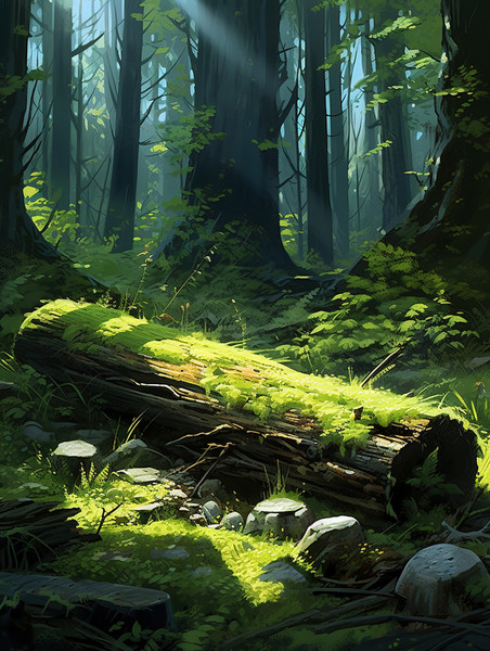 创意绿色神秘森林苔藓1素材春天枯木树林