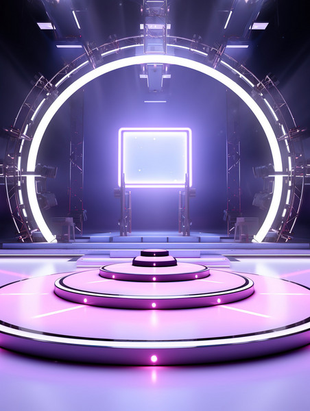 创意舞台长T台圆形屏幕蓝紫色3电商背景