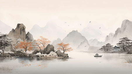 创意中国风古典山水画唯美插画25简约意境水墨画
