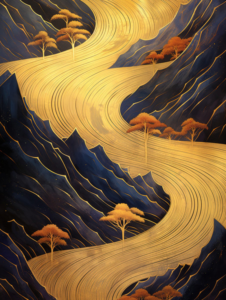 潮国创意鎏金山水云朵抽象插画7和风底纹